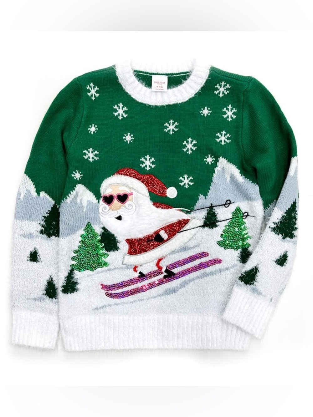 Holiday Time Embellished Christmas Sweater Skiing Santa Sequins XL 14-16 Plus